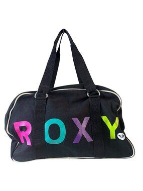 Vtg Y2K Roxy Duffle Travel Bag Black / Neon Large Logo Overnight Carry On Travel